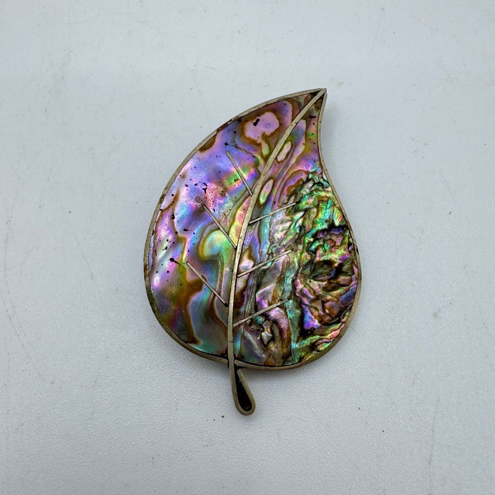 Vintage Mexican Sterling Silver 925 Abalone Shell Leaf Brooch Pin Taxco Inlay